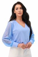 Elegancka bluzka damska z szyfonowym długim rękawem dekolt V mankiety z guzikiem - błękit